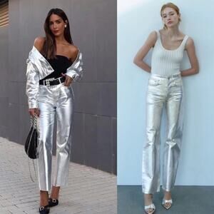 NWT ZARA High Rise Straight Cut Metallic Foil Jeans Size 0 Silver